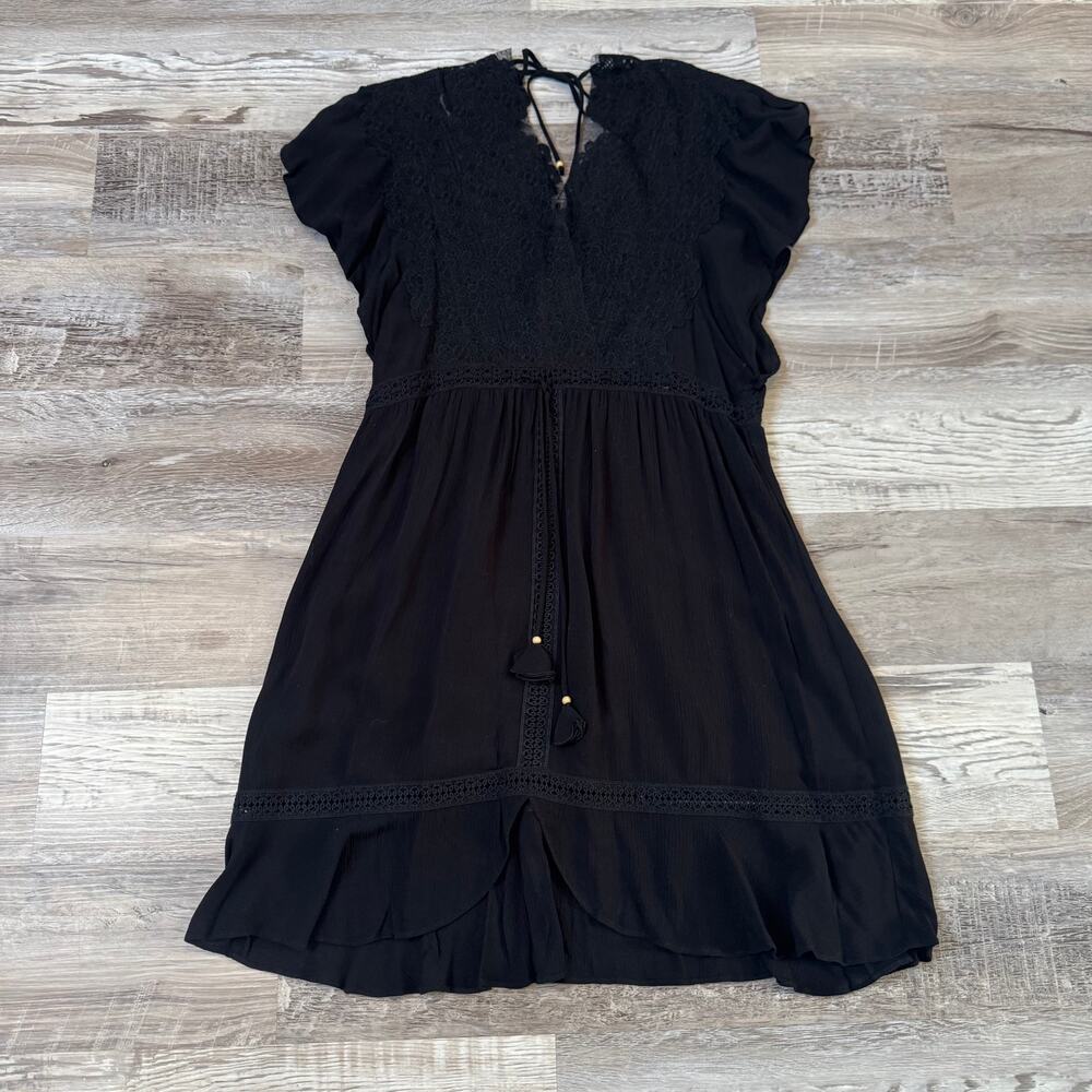 NWT Hale Bob Black Lace Mini Dress Flutter Sleeve Romantic Goth Boho Fall Small